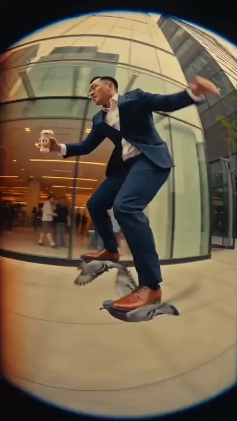 Suit and coffee, pigeons underfoot