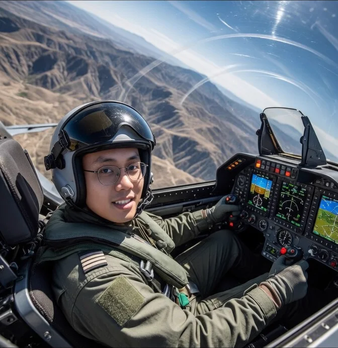 Cockpit selfie over dry mountains