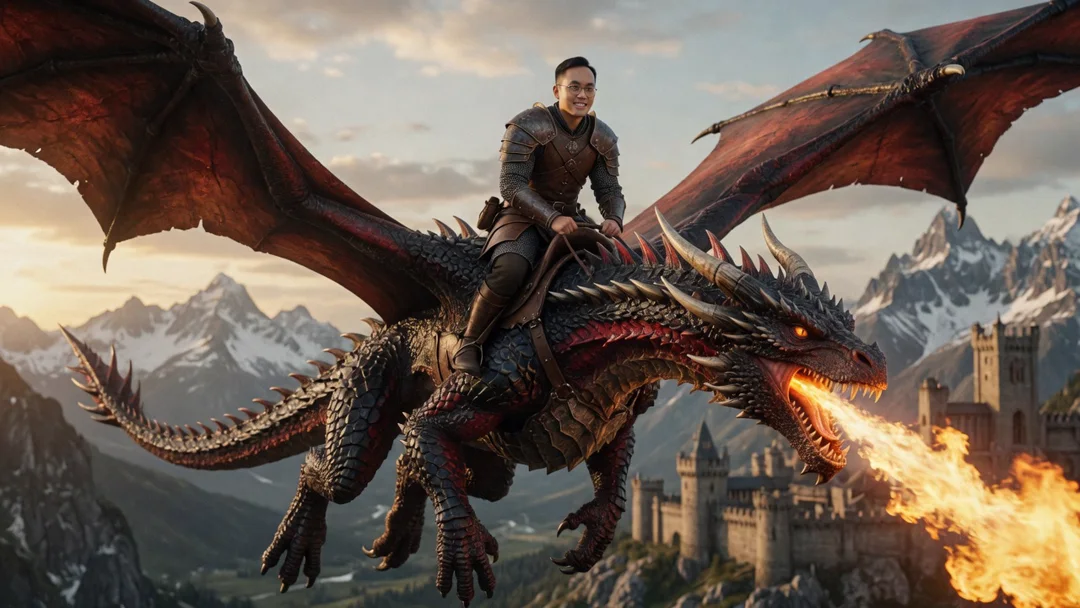 Dragon rider above a burning castle